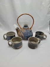 Handmade Rustic Earthenware Studio Pottery Tea Pot And Four Cups Rattan Handle