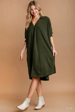 Umgee Olive V Neck Loose Relaxed Fit Dress with 3/4 Sleeves