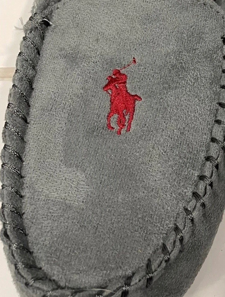 NEW Polo Ralph Lauren Pony Mens Gray Fabric Moccasin Slippers