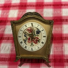 Vintage Winding 1950’s Petit Point Floral FOOTED  Ormolu Gilded Clock 