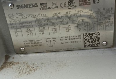 Siemens SD100 1LE23213CB212AA3 Motor 365t  75hp 1780rpm NEW- NEVER INSTALLED 