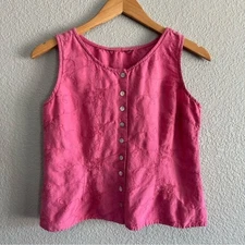 Floral Embroidered ButtonUp Shirt Vest Sleeveless Pink Sz Small Dainty Girly Top