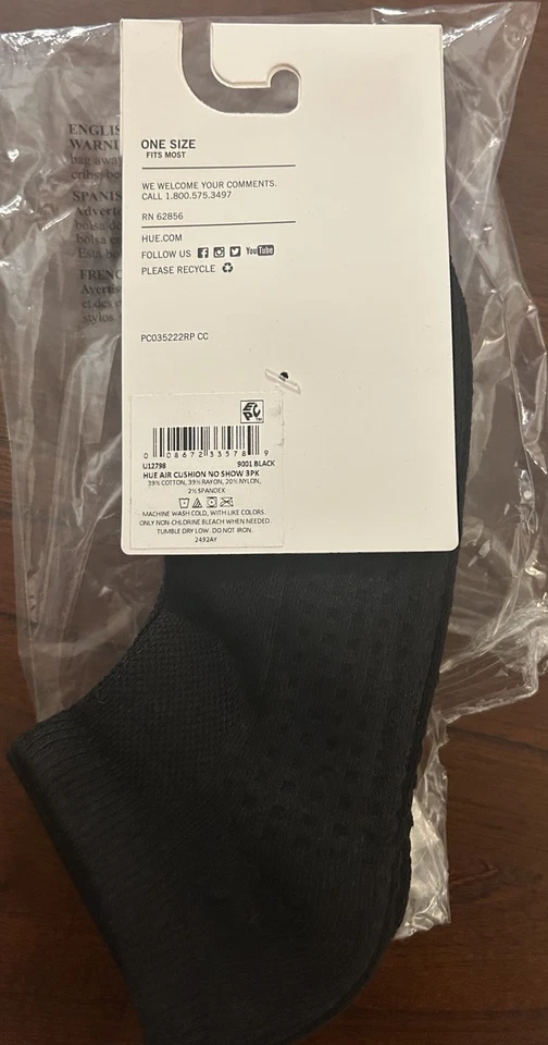 NEW HUE Women’s 3-Pack Air Cushion No Show Socks Black 9-11 NWT - Image 2 of 2