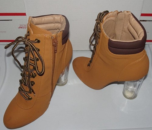 Fahrenheit Clear Heel Women's Lace Up Clear Lucite Block Heel Booties in Camel - Picture 2 of 10