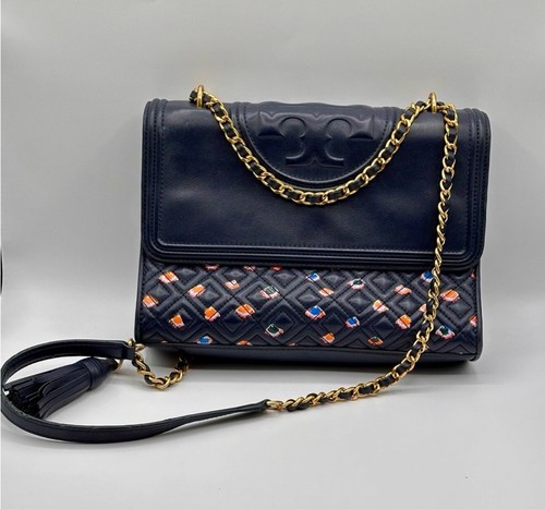 TORY BURCH BLUMENDRUCK GROSSE FLEMING SCHULTER/UMHÄNGETASCHE-MARINE LEDER-$ 598 - Bild 2 von 6