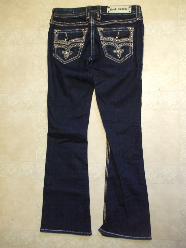 NEW Rock Revival Maggie Boot Back Flap Dark Blue Denim Jeans 31 X 33 w/o Tag