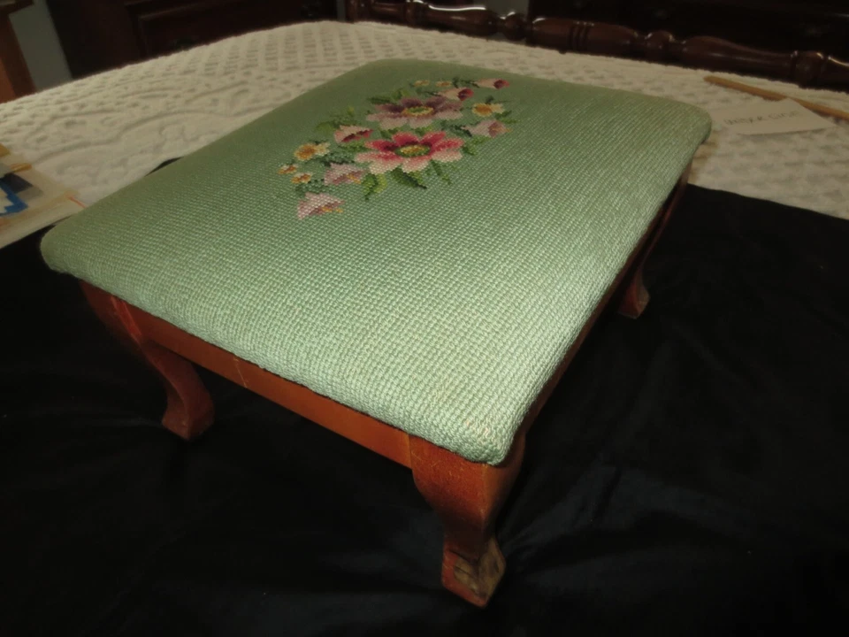 Vintage LIGHT GREEN FLORAL NEEDLEPOINT  FOOTSTOOL - 14-1/2" x 12-1/2" x 7-1/2" - Image 3 of 4