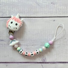 Silicone Dummy Chain With Name White Pink Unicorn Girls