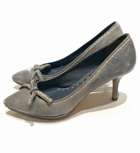 PRADA Classic Blue Gray Pastel Leather Bow Trim Stitched High Heel Pumps 7.5 38 - Picture 2 of 7