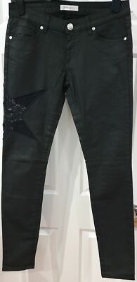 PIERRE BALMAIN Skinny-Jeans Hose schwarz Baumwolle Glanz durchsichtig Sterne Netzdetail 28
