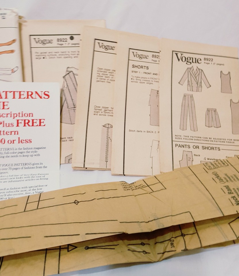 Vogue Pattern Jacket Pants Top Shorts Dress Size 12 Un-Cut 8922 Vintage ...