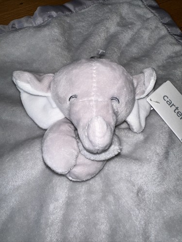 NWT Carters Elephant Lovey Security Blanket Grey Gray White Satin 2016 Rattle - Picture 3 of 11