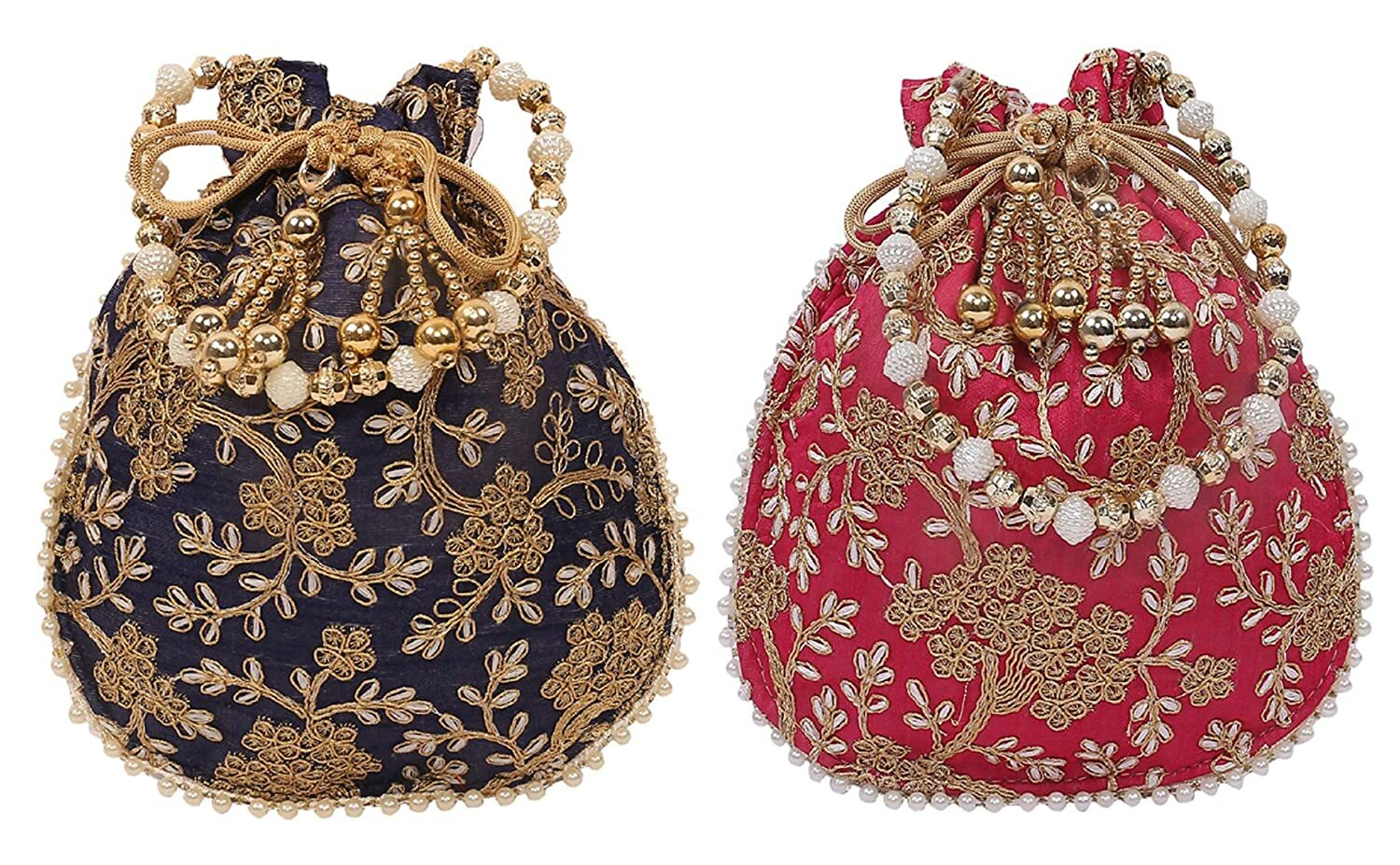Tradicional Raro Seda Bordado 2 Piezas Mujer Potli Bolso Morado y Rosa
