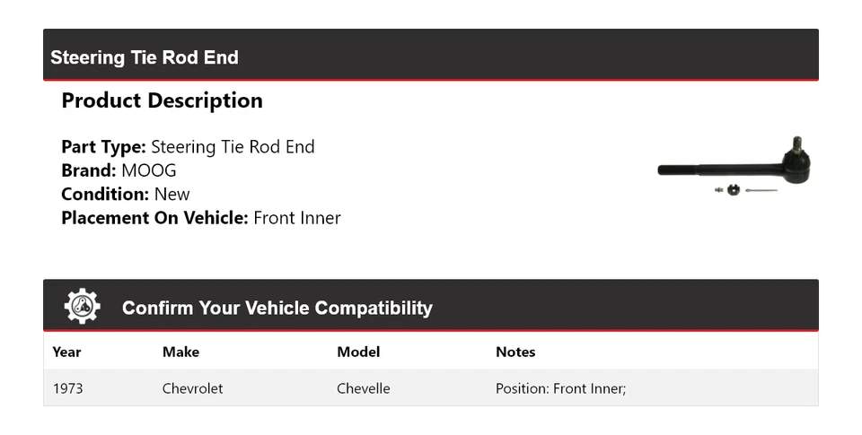 Para Chevrolet Chevelle 1973 extremo de barra de dirección interior delantero MOOG Foto 2 de 4