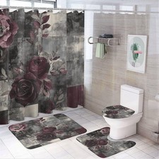 4Pcs Red Rose Patchwork Shower Curtain Sets with Rugs, Lid Cover and Bath Mat...
