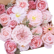 Roses Artificial Flowers Combo Pink Flower Bouquets with Stems for DIY Bridal...