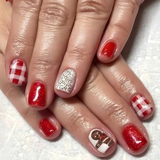 Christmas Press on Nails Short Square Fake Nails with Gingerbread Man and Plaid