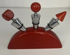 Vintage Wood & Stainless Three Wine Bottle Stopper Set In Holder
