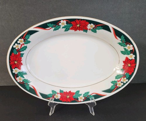 Tienshan Deck the Halls Platter 14 Inch Poinsettias & Ribbons Christmas China - Picture 1 of 7
