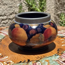 Antique William Moorcroft Pomegranate Mini Bowl Squat Pot Pewter Rim Art Pottery