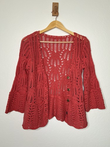 Free People Red Crochet Snap Button Up Knit Sweater Cardigan Size Small - Picture 2 of 3