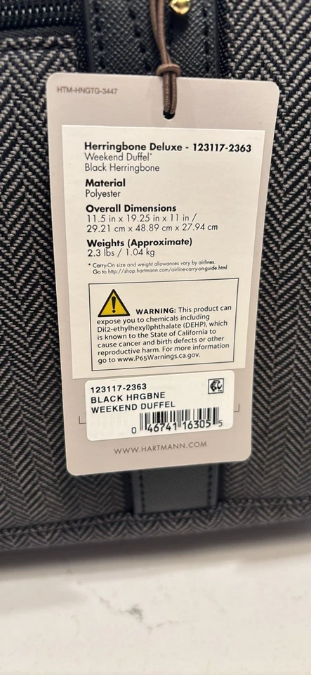 Hartmann Herringbone Deluxe Weekend Duffle Black $200 MSRP! - Image 4 of 4