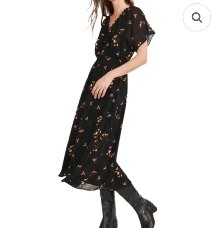 Womens Madewell Georgette V Neck Dress Fresia Black Floral Sz L