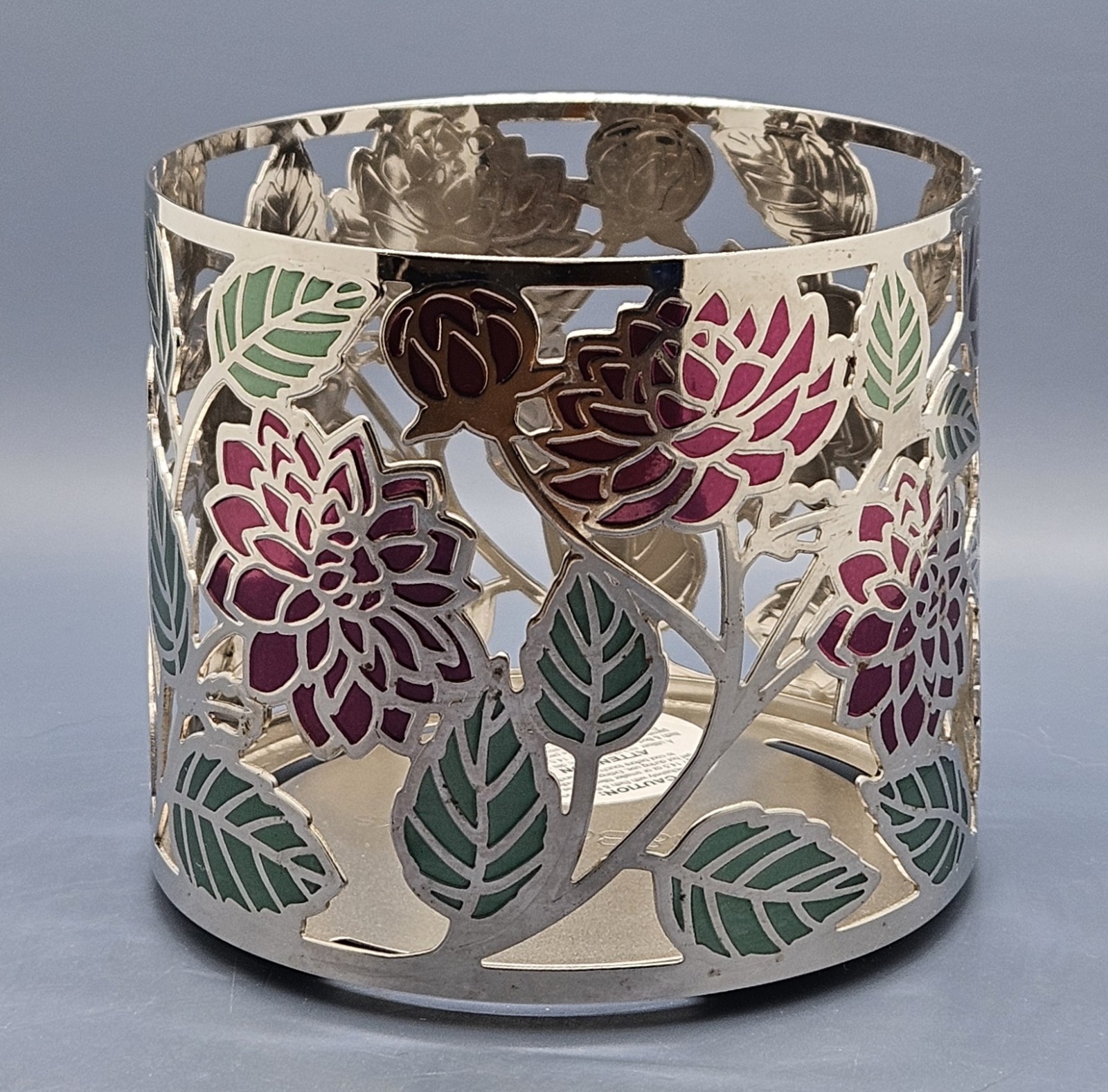 . Metal. Holds 3 Wick Candles. Floral Design