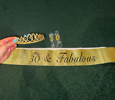 Gold Glitter 30  Fabulous Tiara Crown  Sash Set for Women's Birthday