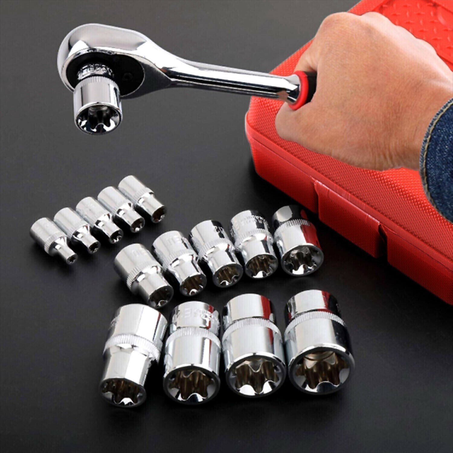 14 Pcs E Torx Star Female Bit Socket Set 1/2" 3/8" 1/4" Drive E4 -E24 with Case⭐