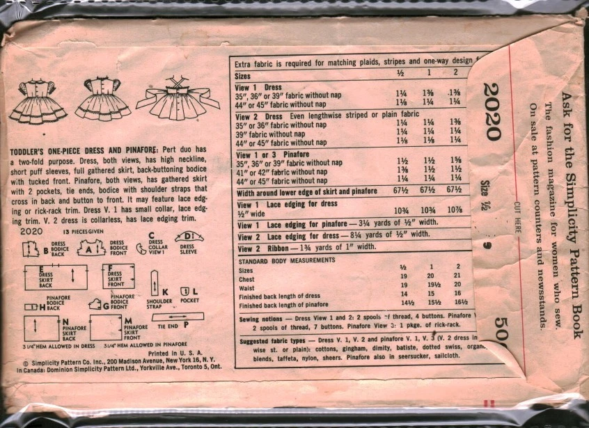 2020 Vintage Simplicity Sewing Pattern Girls 1960s Infant Dress Pinafore 6 Month - Image 2 of 2