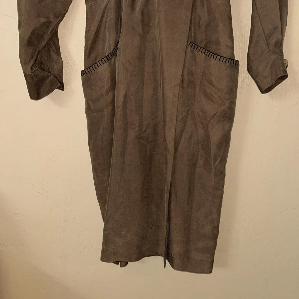 Vintage St. Gillian Size 6 100% Silk Dress Brown Stitch Shoulder Pads Pockets - Image 4 of 4