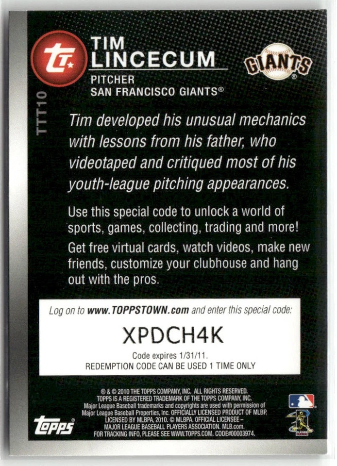 2010 TOPPS #TTT10 TIM LINCECUM TICKET TO TOPPS TOWN SAN FRANCISCO GIANTS - Image 2 of 2