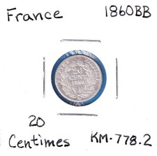 1860BB France 20 Centimes (KM-778.2)  .0289 ASW Silver!!!  [Strasbourg Mint]