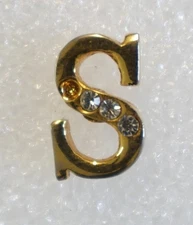 Gold Tone Letter S Pinback Button with Rhinestones Vintage Style