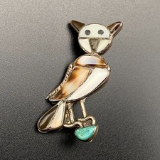 Vintage Zuni Native Owl Turquoise MOP Shell Inlay Silver Pin Brooch