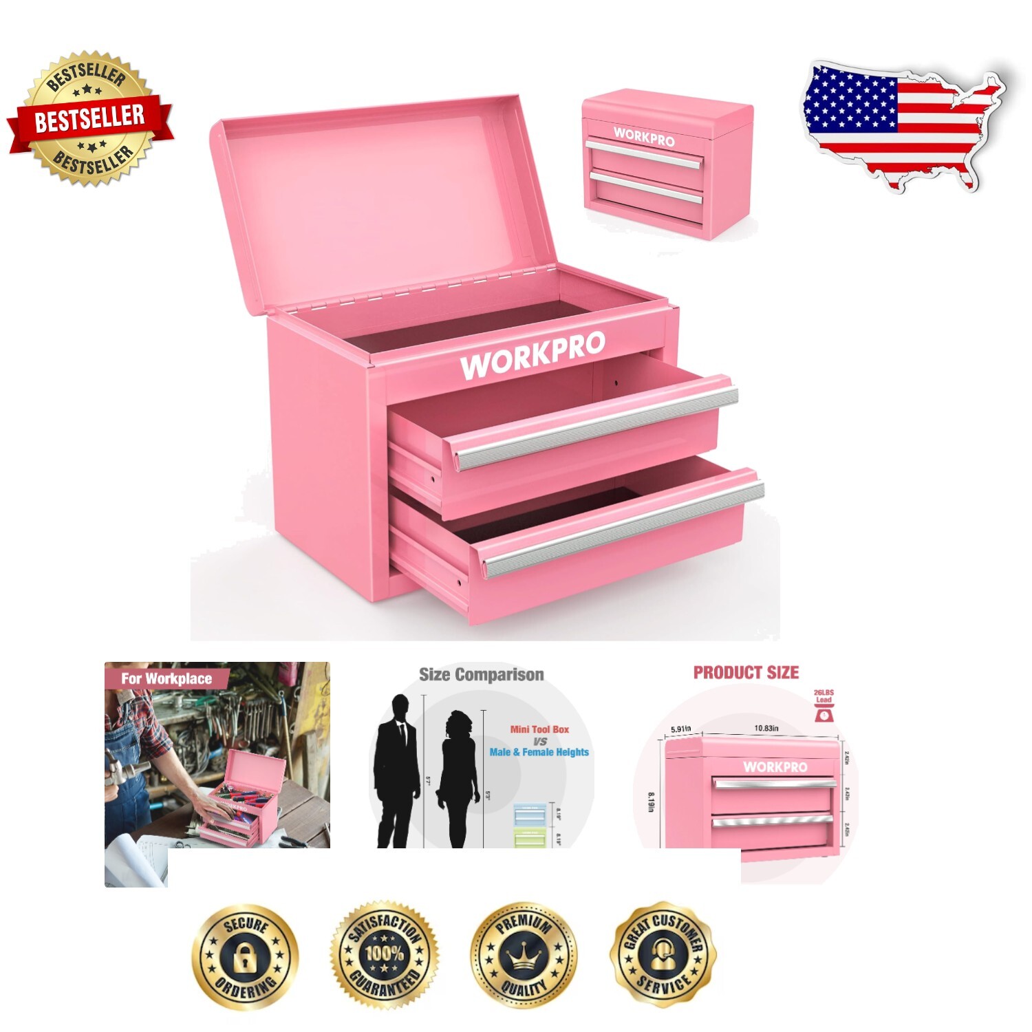 Lightweight Pink Tool Box with PVC Liners & Secure Magnet Drawers, 26lb Capacity