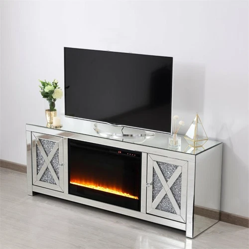Elegant Decor Modern 2 Door 59" Clear Silver Mirrored Crystal Fireplace TV Stand - Picture 8 of 10