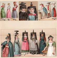 FRANCE COSTUMES - 19th Century Folk Dress & Bonnet 1888 Antique Chromolithograph