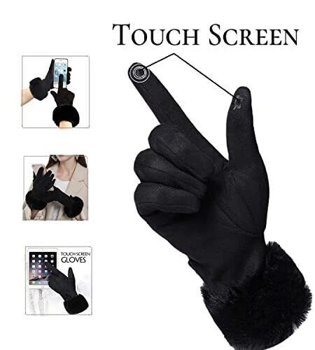 Winter Black Gloves Touchscreen Texting Fleece Lined Cold Weather Women One Size