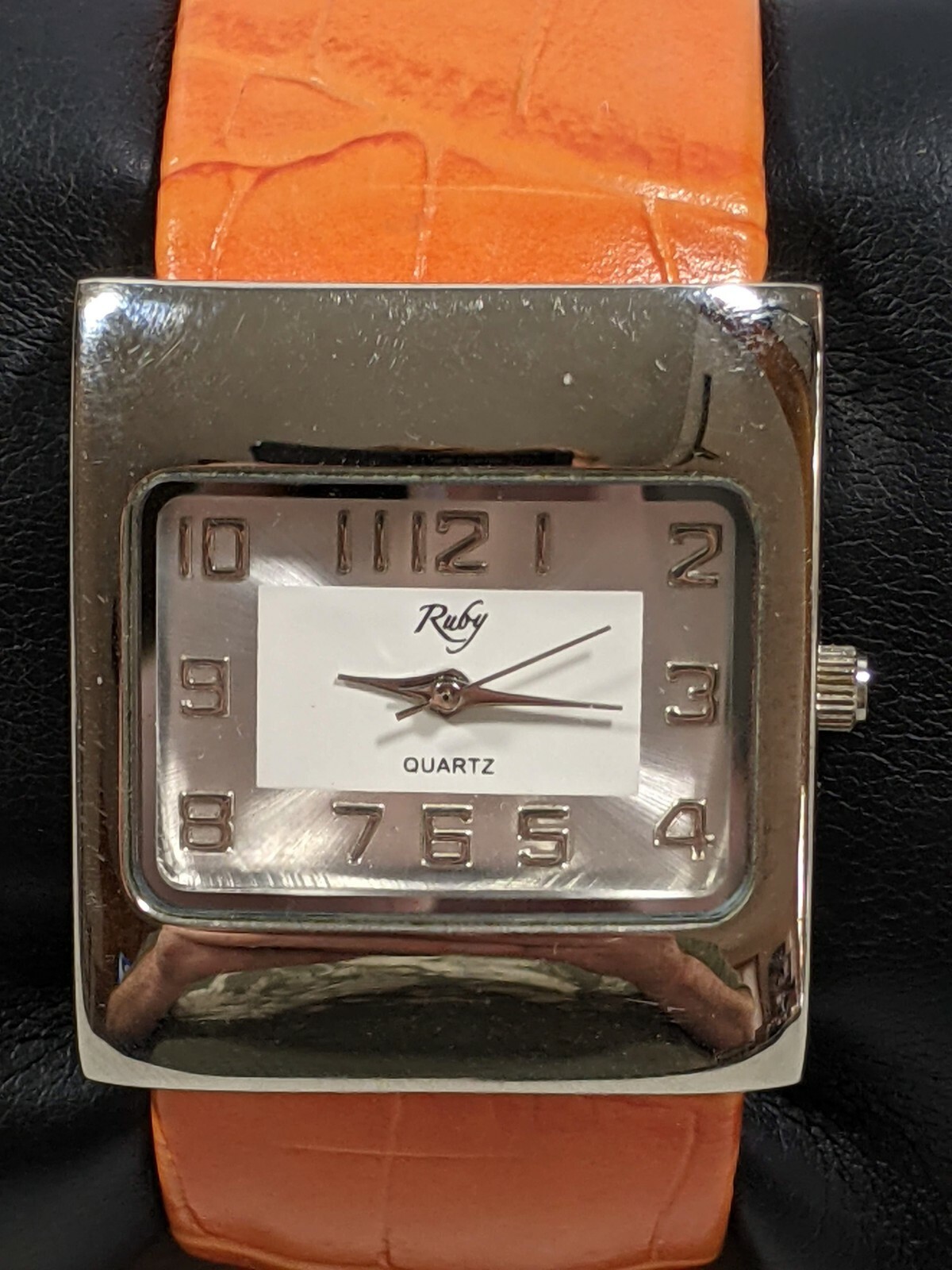 Ruby Silver Tone Rectangle Case 30 mm Orange Open… - image 2