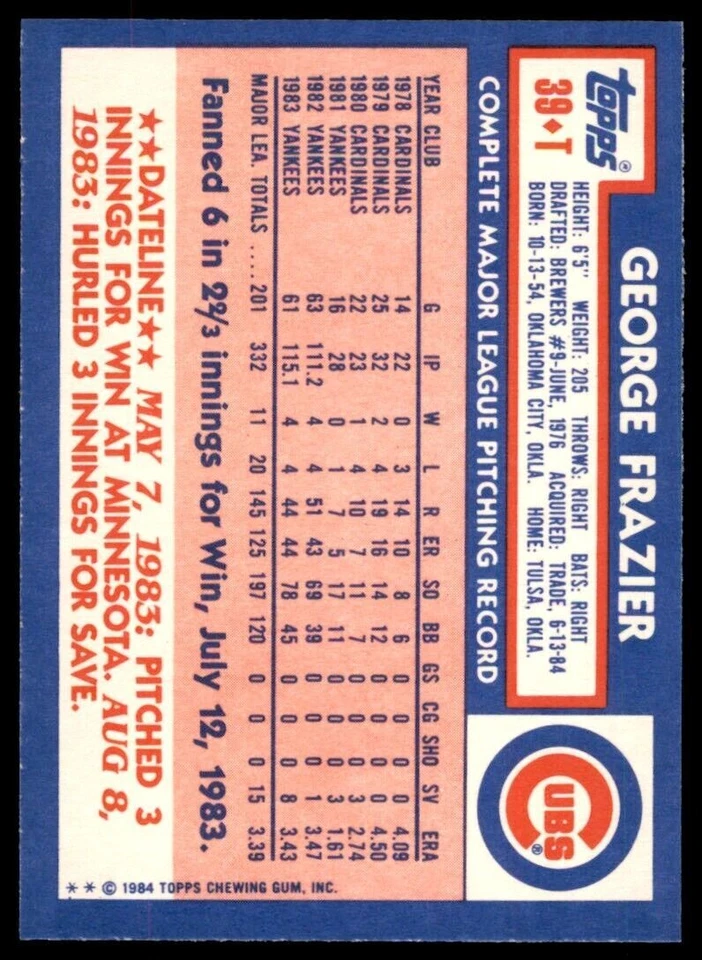 1984 TOPPS TRADED GEORGE FRAZIER . CHICAGO CUBS #39T - Image 2 of 2