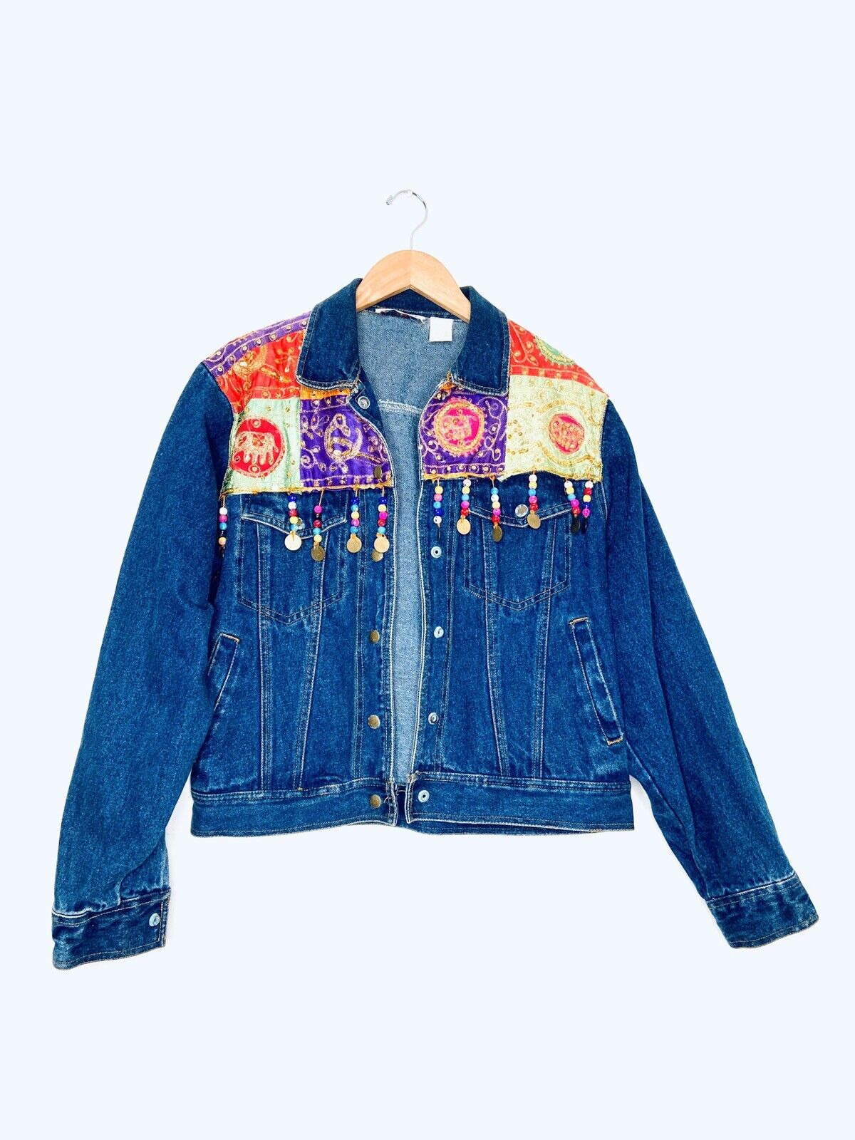 Vtg 80’s/90’s Passports of Pier 1 Imports Boho Jean Jacket M Sequins Beading