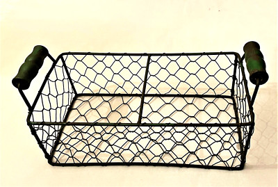 Wire Egg Bread Basket with Green Wooden Handle Rustic Farm house 4 1/2'' x 10 VTG