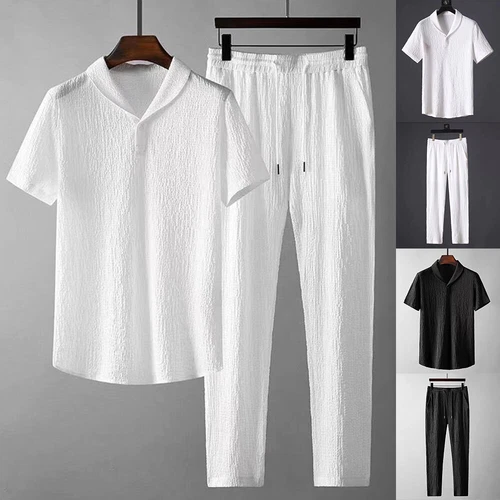 Sommer Herren 2-teiliges Baumwoll Leinen Wanderanzug Kurzarm Freizeit Hemd & Hose Set - Bild 2 von 22