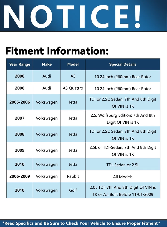 Rotores de disco traseiros 10,24" (260mm) + pastilhas de freio de cerâmica para 2005 - 2010 VW Jetta - Imagem 2 de 4