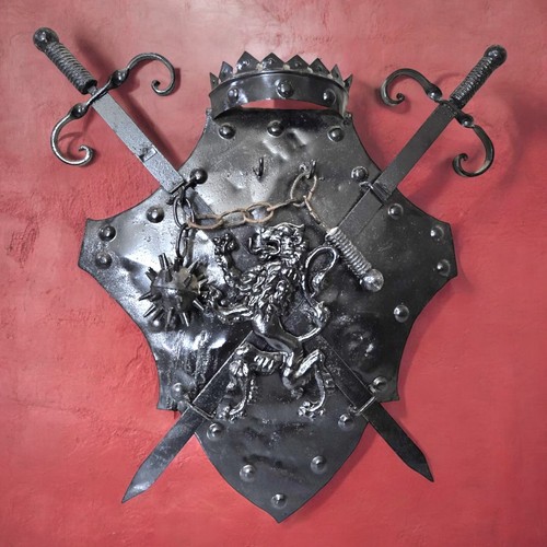 Interior Design Wall Art  Metal Shield  Medieval Gothic Weapons Crest   29"×28"