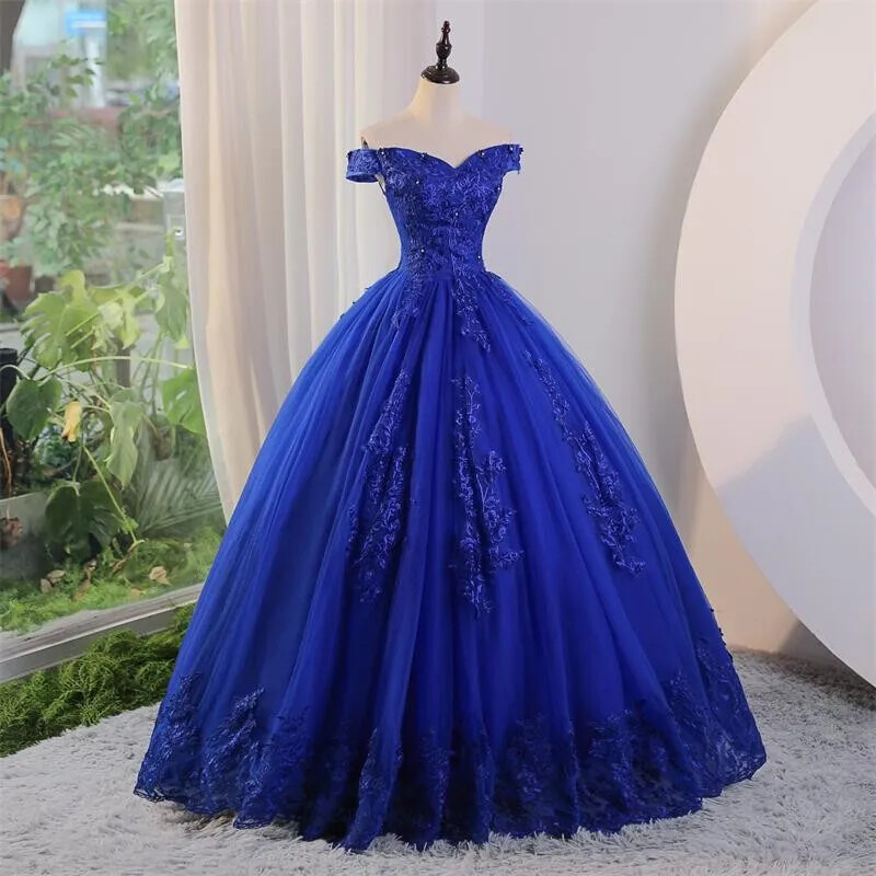 navy blue dress for sweet 16 Dark Blue Ball Gown Wedding Dress Off the Shoulder Sweet 16 Dress 6674 –  Viniodress main image 1