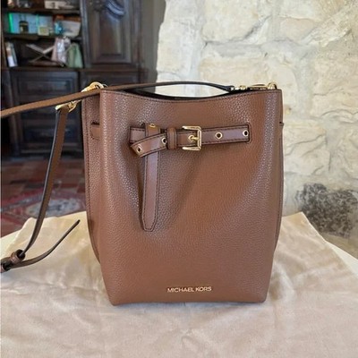Michael Kors Emilia Small Leather Bucket Crossbody Messenger Bag Luggage NWT