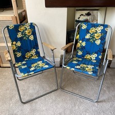 Pair of Vintage Folding Garden Chairs Blue Floral 60s 70s Retro -Made In England